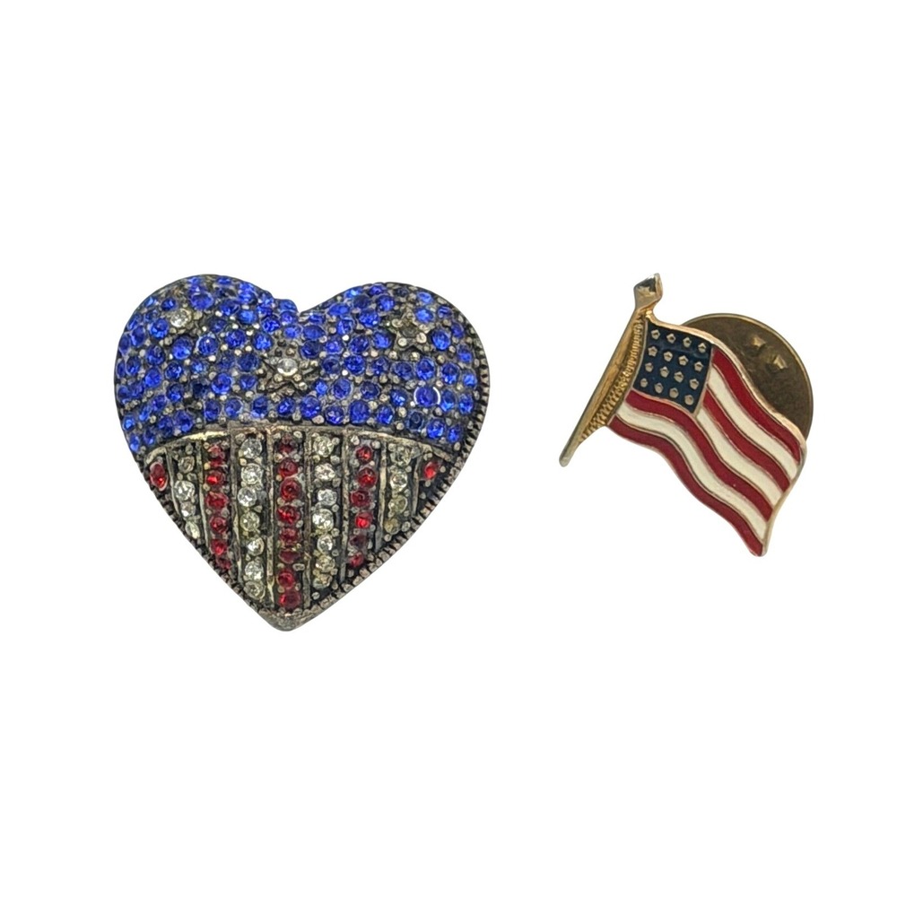 Patriotic USA Flag Brooch Pin Lot Heart Rhinestone Americana Jewelry Vintage